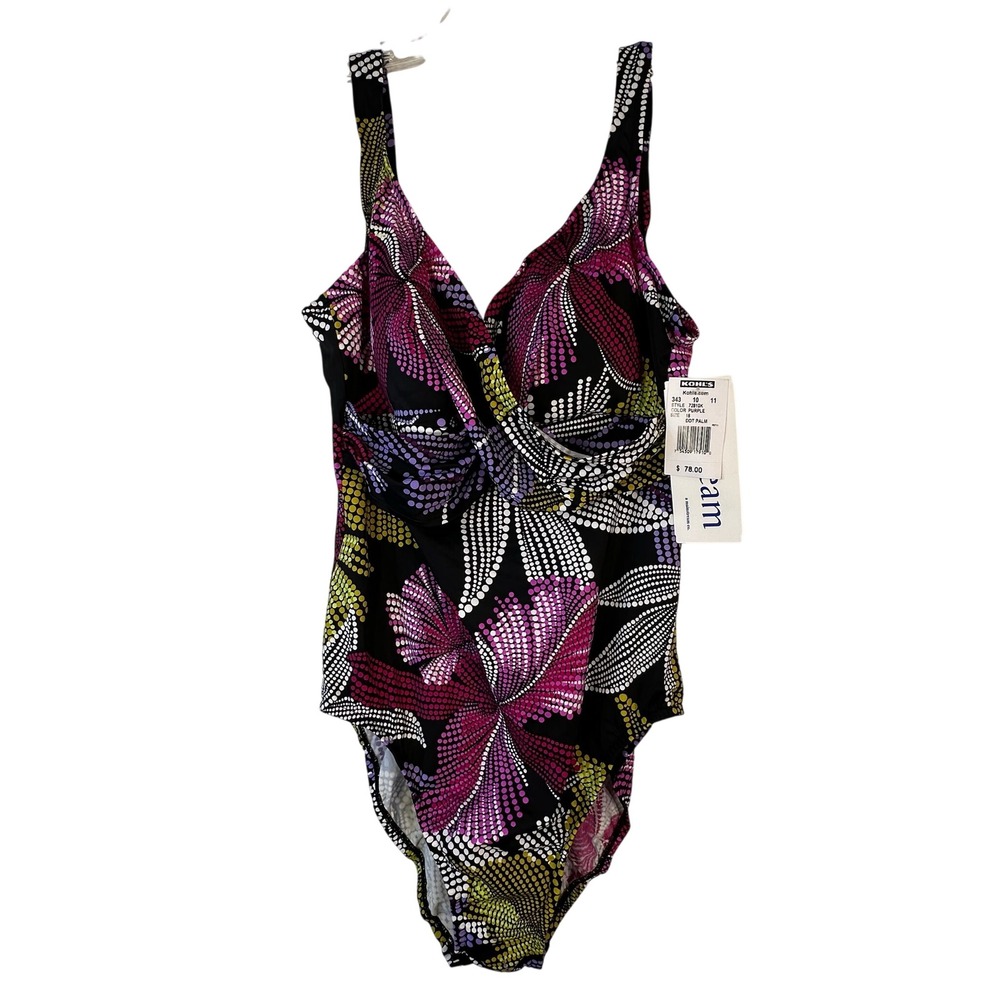 Upstream Womens Size 18 One Piece Swimsuit Purple Dot Palm Floral V-Neck